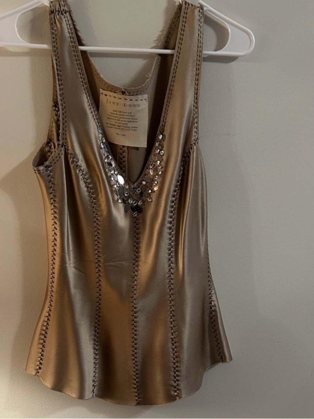 100% Silk Metallic Gold Embellished V-Neck Tank Top